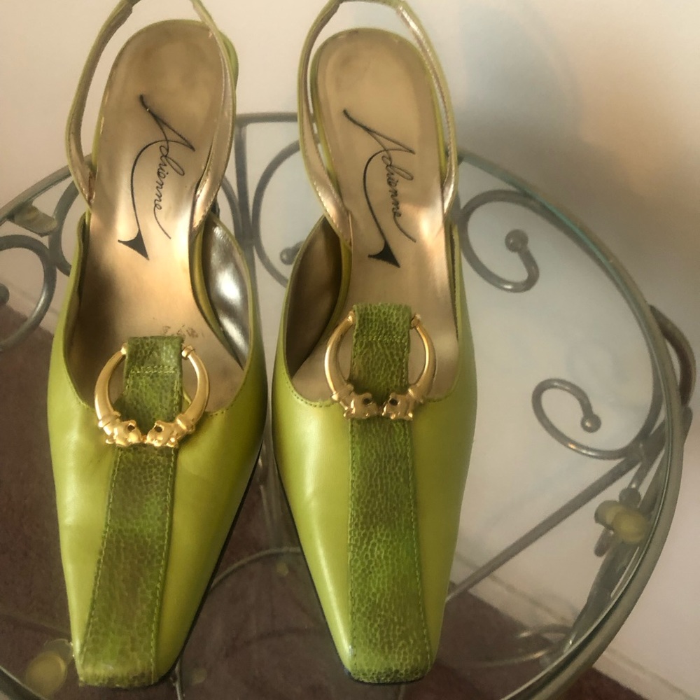 Adrienne green sling back pump.